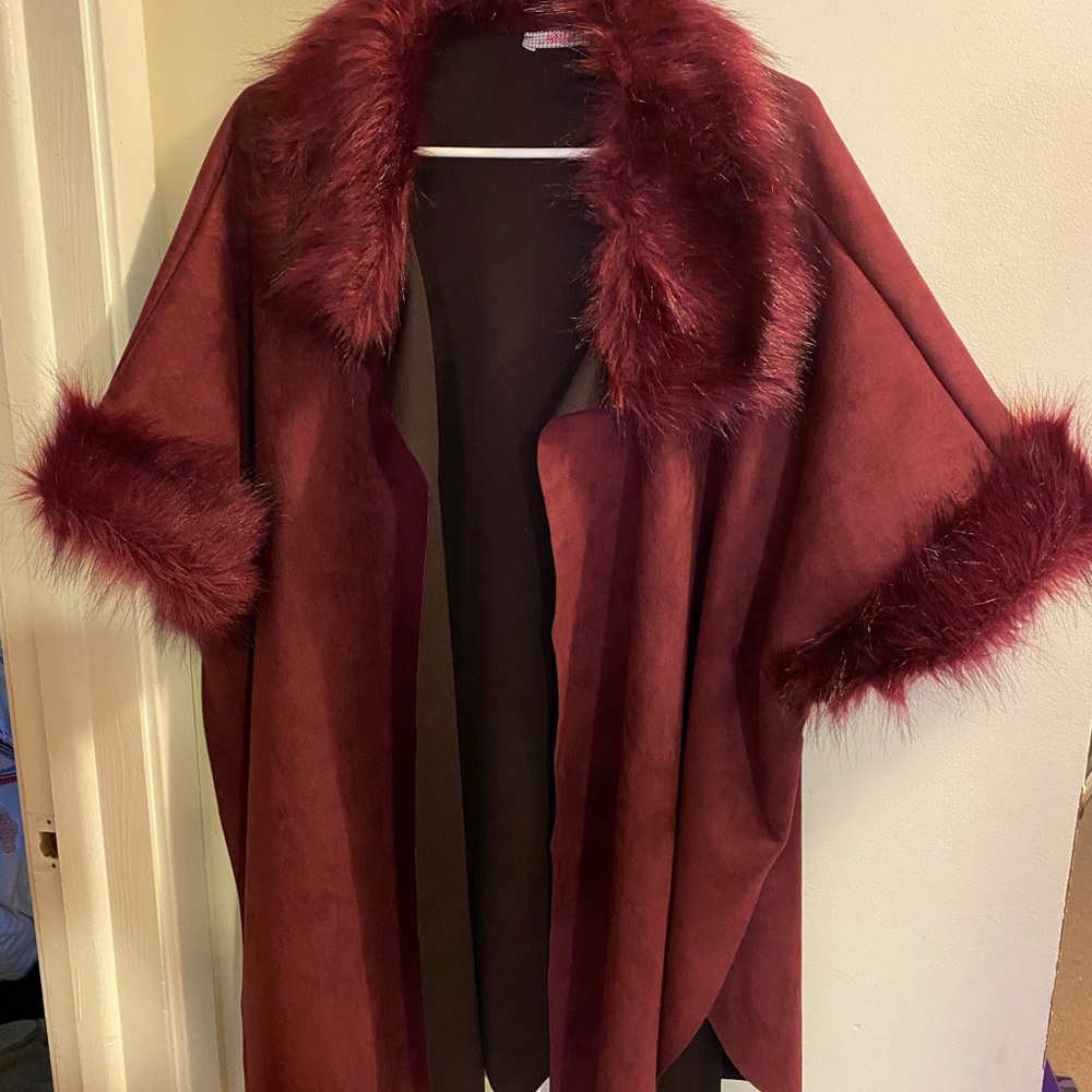 Burgundy faux fur lined cape